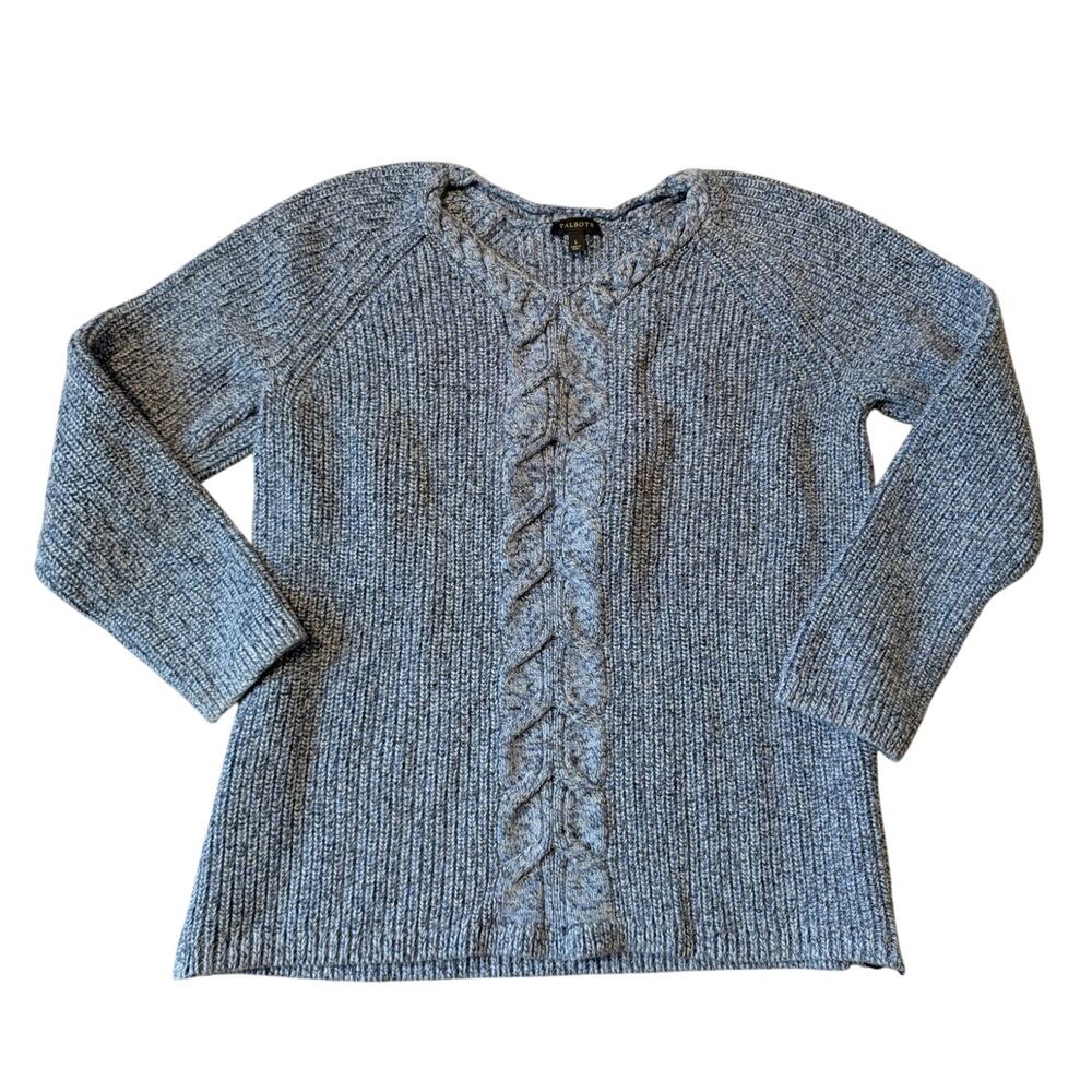 Talbots Women’s Pullover Sweater Size Large Blue Marled Cable Knit Long Sleeve